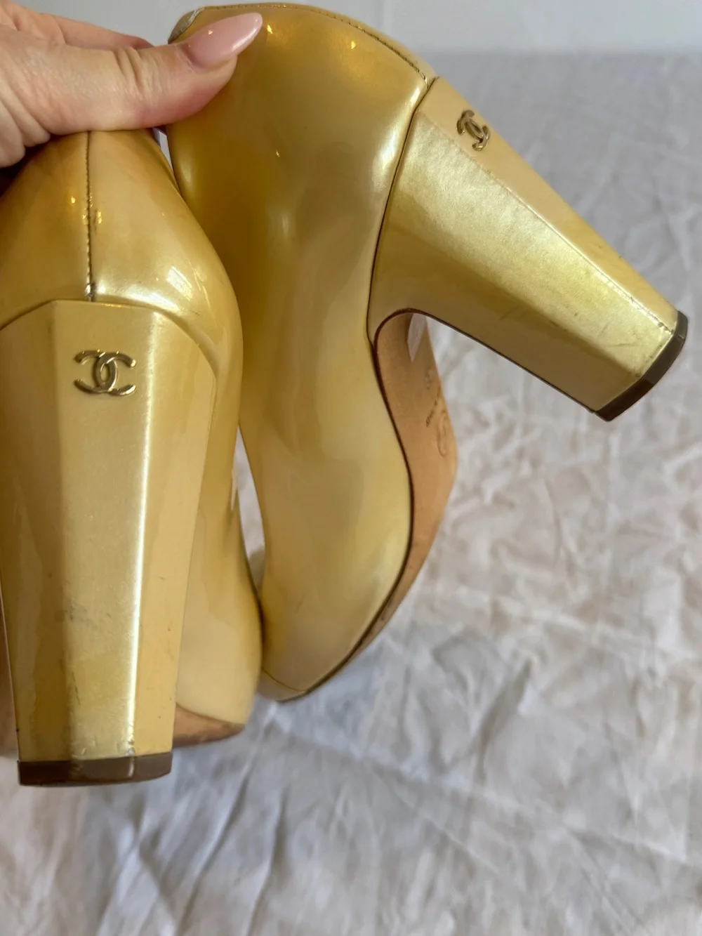 CHANEL Yellow Patent Camellia Iridescent Flower & CC Ballet Heels